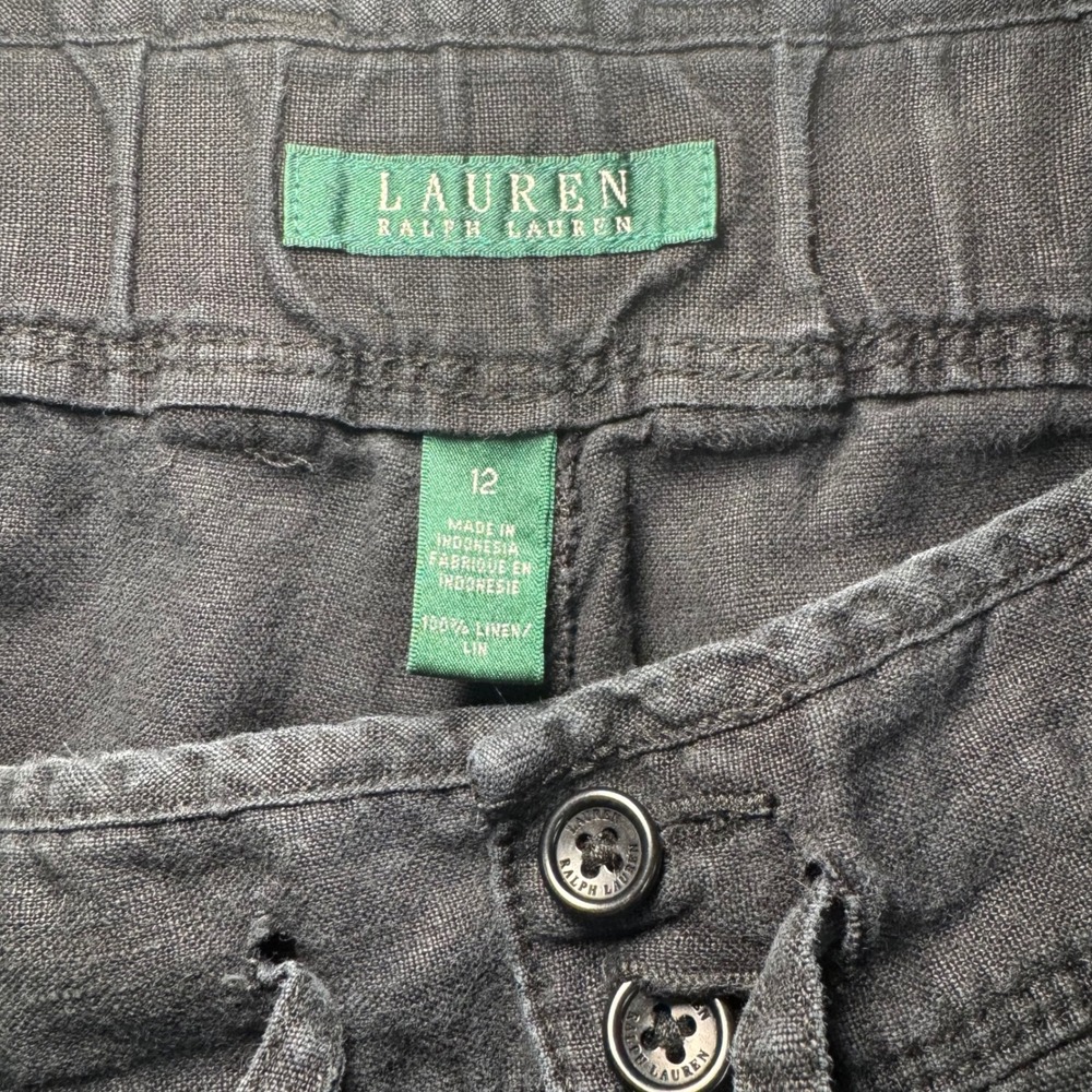 Lauren Ralph Lauren Black 100% Linen Wide Leg Cropped Pants Drawstring Womens 12 - Picture 3 of 5